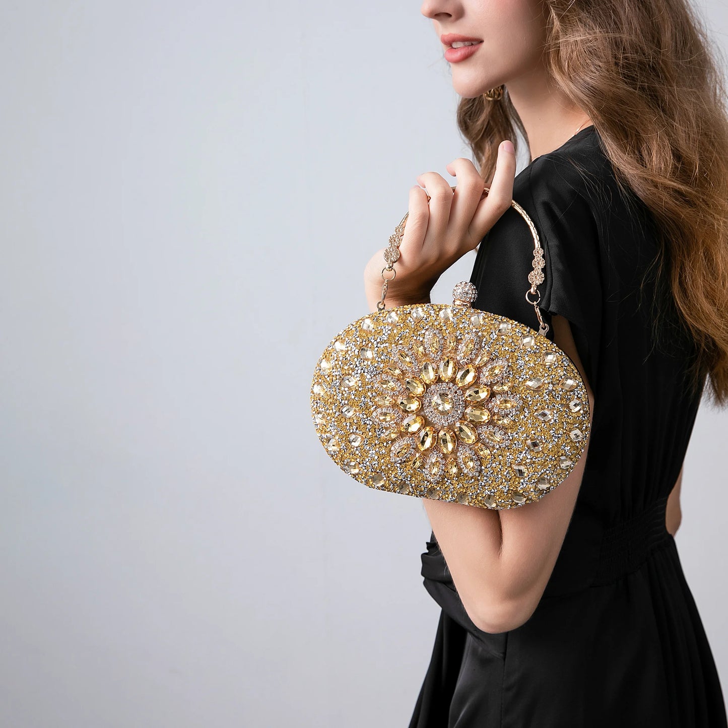 Sunflower-Shaped Gold Evening Clutch Purse for Women - Sparkling Handbag for Weddings, Parties, and Prom