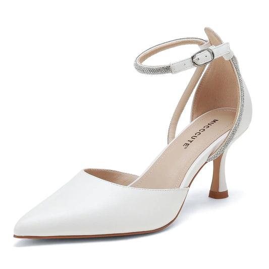MUCCCUTE White Kitten Heels - Closed Toe Pointed Low Heels for Women