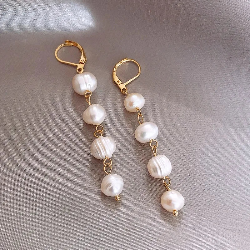 Golden Tassel Pearl Hoops - Flora Jewells