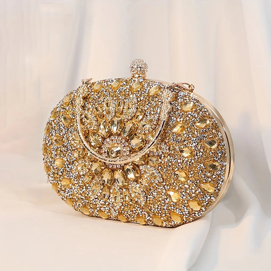 Sunflower-Shaped Gold Evening Clutch Purse for Women - Sparkling Handbag for Weddings, Parties, and Prom