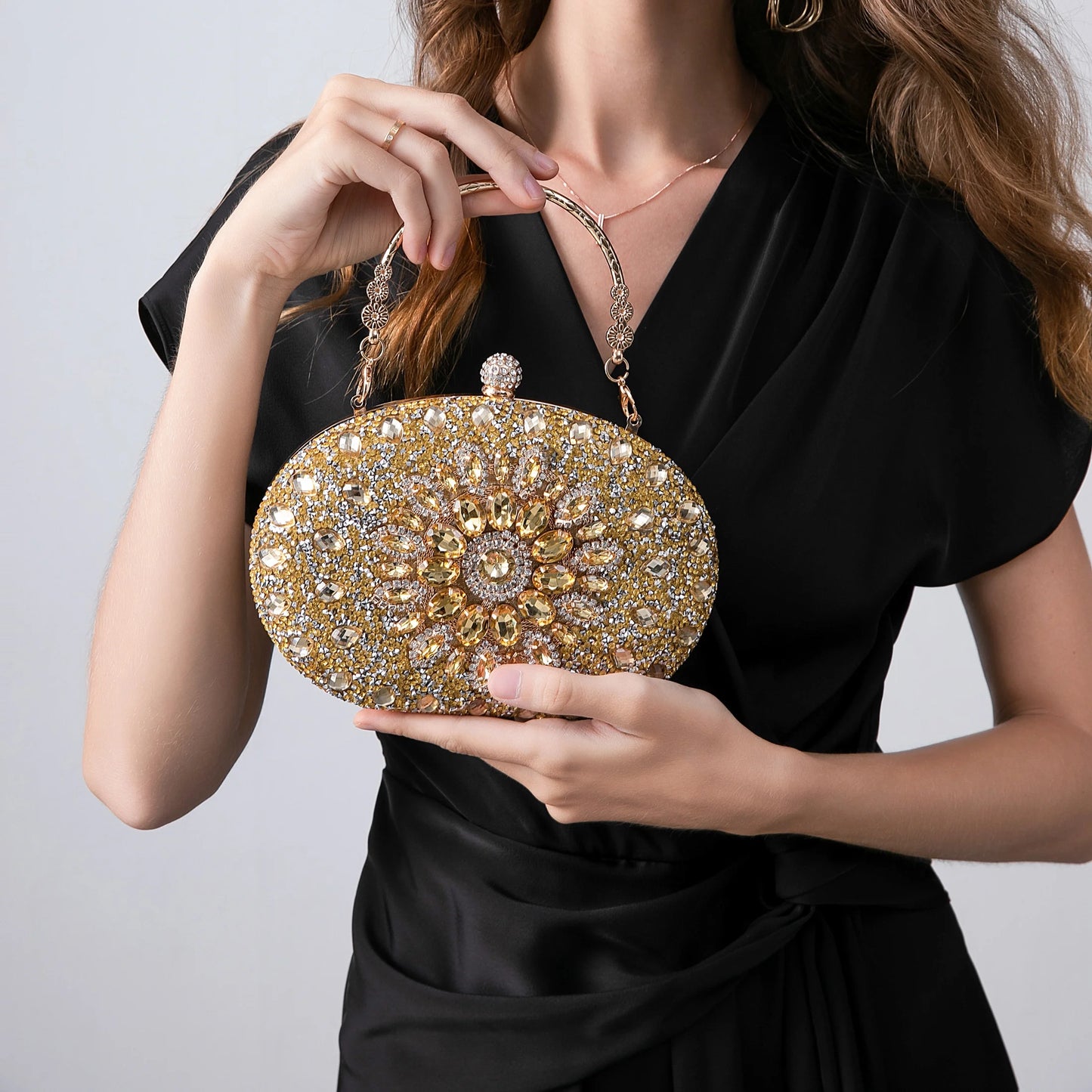 Sunflower-Shaped Gold Evening Clutch Purse for Women - Sparkling Handbag for Weddings, Parties, and Prom